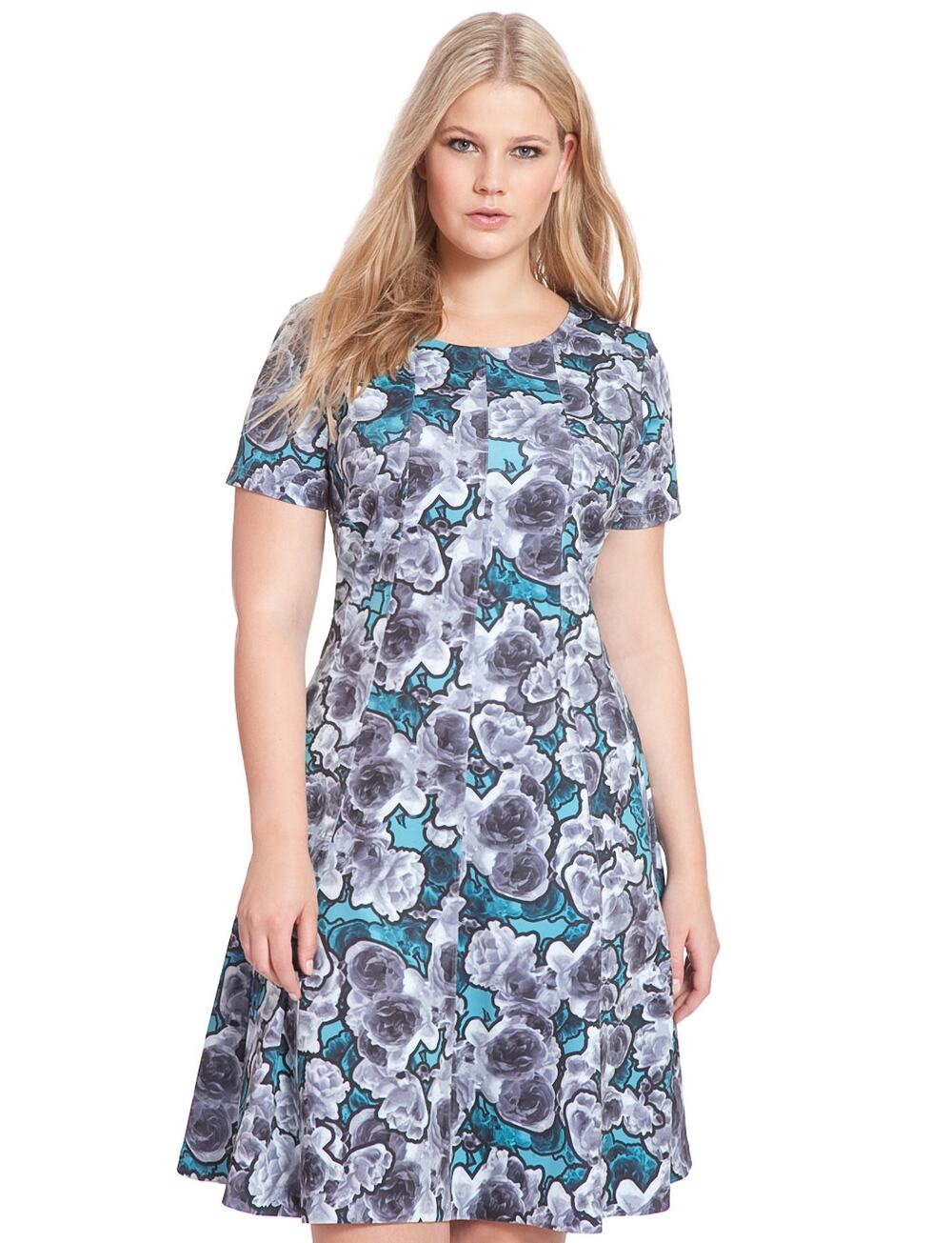 Eloquii Women Floral Dress Scuba Stretch Work Office Fit Flare Summer Blue 18
